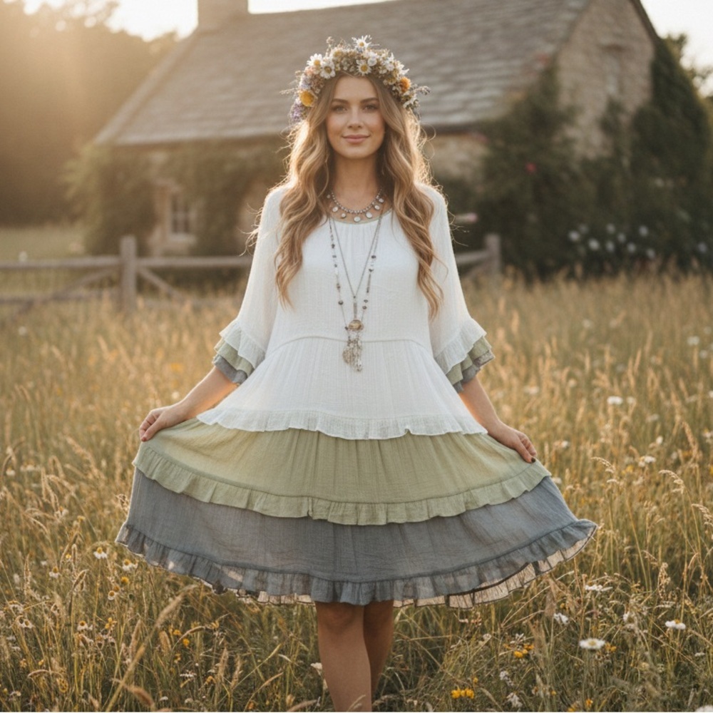Lady Noiz Sage & Smoke Tiered Boho Mini XXL Cottagecore Earthy Fairycore